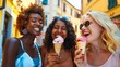 © Generative AI - Three cheerful multiracial women eating ice cream in Italy  Happy millennial friends enjoying vacation together while sightseeing an italian city  Happiness and young people lifestyle  : Generative AI