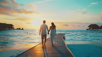 Wall Mural - luxury travel romantic beach getaway holidays for honeymoon couple tropical vacation in luxurious hotel : Generative AI