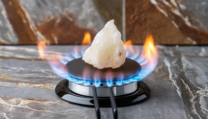 a quartz rock over a gas burner showing bright carbon flames on a stone textured background