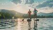 © Generative AI - Senior couple paddleboarding on lake in summer : Generative AI