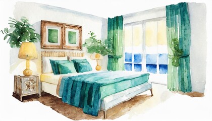 Wall Mural - watercolour hand painted home interior bedroom bed furniture illustration on white background