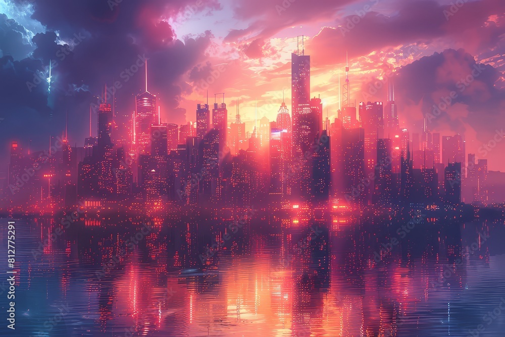 A futuristic cityscape at night, illuminated neon lights and ...