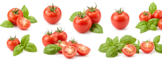 Fresh red tomatoes and green basil leaves isolated on white background, ripe and juicy, vibrant color, healthy food