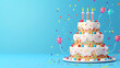 Birthday cake celebration with candle light , sprinkles,colorful ribbon on pastel color background.
