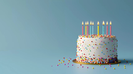 birthday cake celebration with candle light , sprinkles,colorful ribbon on pastel color background.