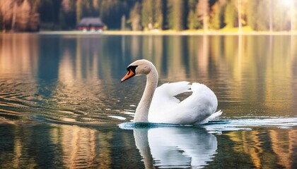 Wall Mural - graceful swan gliding along serene lake waters surrounded by nature s beauty