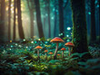 Mystical Mushroom Grove, Dreamy Background Illustration of Green Fairytale Forest.