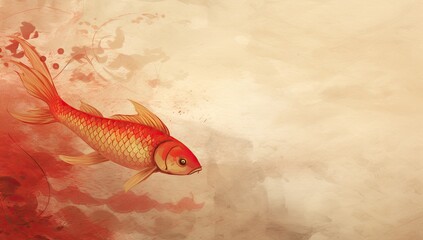 Wall Mural - A painting of a goldfish swimming in a pond with pink flowers in the background. The mood of the painting is serene and peaceful