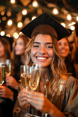 Wall Mural - Graduates celebrate with champagne and make toasts with their friends.