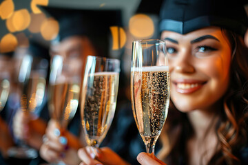 Graduates celebrate with champagne with their friends.