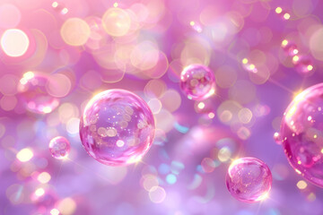 A photo of beautiful bubbles on a pink or purple background. The design of the packaging of a cosmetic product, an advertising banner or a poster.