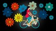 Girl cycling among flowers, cycling character full length, bicycle travel transport,Tourist young woman cycling down the street, Active urban, Woman is riding bicycle, riding a bicycle with nature