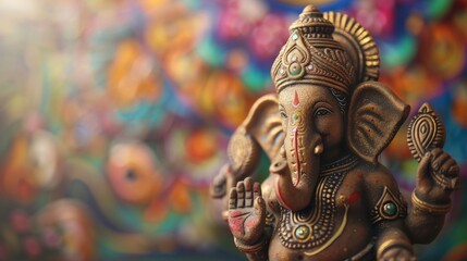 Wall Mural - Painted clay idol of Ganesha set against a festive background, ready for Ganesh Chaturthi celebrations