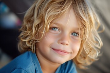 Wall Mural - Closeup of a joyful little boy with curly blonde hair and blue eyes, portraying genuine happiness