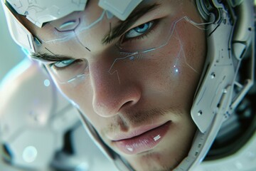 Wall Mural - Closeup portrait of a futuristic male cyborg with humanlike features and advanced artificial intelligence technology, showcasing a scifi concept of a cybernetic humanoid face