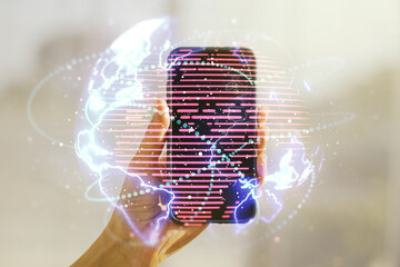 Wall Mural - double exposure of abstract digital world map with connections and hand with cellphone on background