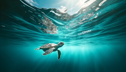 Wall Mural - Realistic illustration for world oceans day with a small sea turtle swimming near the surface of a clear ocean.