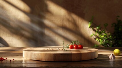 Fototapete - Vintage wooden podium board for product display with cooking ingredients : Generative AI