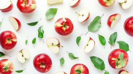 Wall Mural - Red apples whole and pieces with leaves on a white background Poster : Generative AI