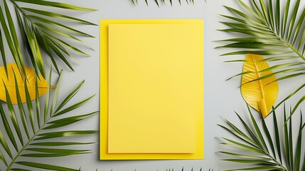 Wall Mural - Summer composition Tropical palm leaves yellow paper blank photo frame on pastel gray background Summer concept Flat lay top view copy space : Generative AI