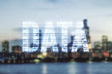 Wall Mural - virtual data word sign hologram on blurry skyline background. multiexposure