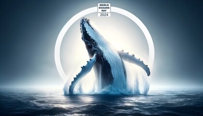 Wall Mural - Beautiful wallpaper of humpback whale breaching in the ocean for world oceans day.