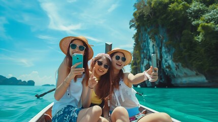 Wall Mural - Young Asian woman friends using mobile phone taking selfie together while travel on boat passing island beach lagoon in sunny day Happy female enjoy and fun outdoor lifestyle on summer : Generative AI