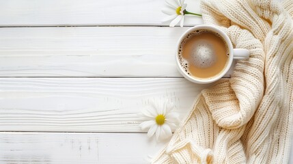 Wall Mural - Morning cup of coffee with blanket and flower on white wooden background Flat lay top view copy space Nordic cozy home breakfast comfort hygge concept : Generative AI