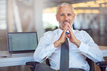 Canvas Print - Mature businessman, CEO and portrait with confidence in office with laptop screen for trading information or stock exchange data. Boss, professional trader or face with tech display for online broker