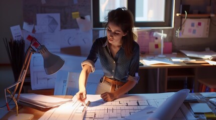 Fototapete - Young female architect and designer working on blueprint project of new apartments Photo concept of work on technical drawings : Generative AI