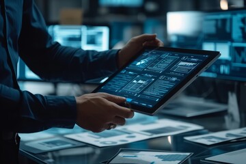 Man holding the tablet he is working with. Technological concept
