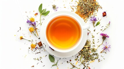 creative layout made of cup of herbal tea on a white background top view : generative ai