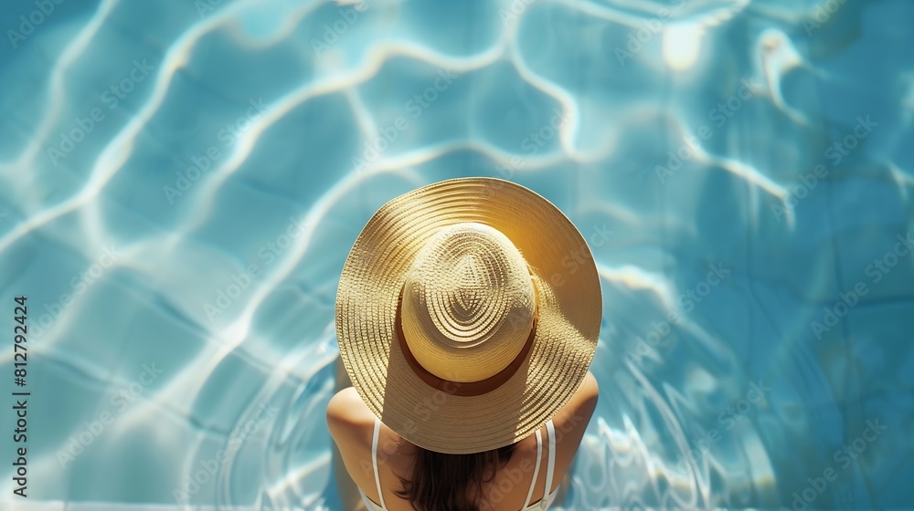 top view a beautiful woman in a straw hat in the pool spa center ...