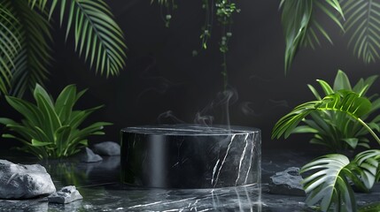 Black marble cylinder Circle podium with green leaves in black geometric background Concept stage showcase for product promotion sale banner presentation cosmetic wallpaper website moc : Generative AI