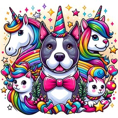 A dog with a unicorn horn and cat and kittens image realistic attractive has illustrative meaning illustrator.