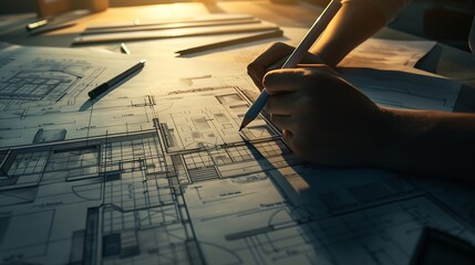 Fototapete - Top view of architect drawing on architectural project : Generative AI