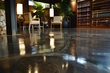 Sticker - Contemporary office lobby featuring stylish chairs, ambient lighting, and glossy floor reflections