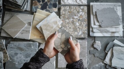 Mock up from natural stones top view close up Female hands advertises repair materials Floor tiles tiles countertops : Generative AI