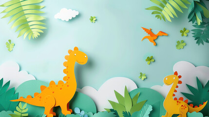 Playful paper frame with a dinosaur theme, ideal for childrens photos, isolated on white