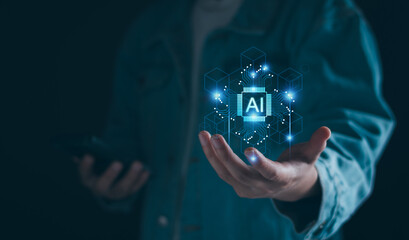 Wall Mural - chat robot ai assistant concept. business man show smart ai chatbot. modern technology ai or artific