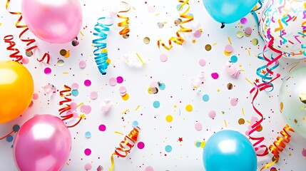 Wall Mural - Colorful party streamers balloons confetti decoration isolated on white background Celebration background Festive frame border Creative layout Flat lay top view Design element : Generative AI