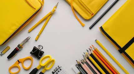 Poster - Back to school concept Flat lay top view on school supplies stack notebook yellow full pencil case with pencils and pens notepad scissors isolated on white background : Generative AI