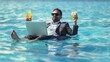 © Generative AI - Summer vacations and freedom travel concept Portrait of funny business man on the beach Businessman in suit floating with laptop and cocktail in pool Crazy business man dreams on summe : Generative AI