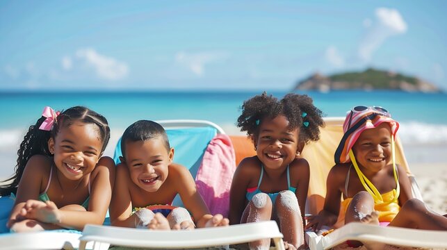 Group of Smiling diversity little child boy and girl in swimwear lying on beach chair together on tropical beach on summer vacation Happy children kid enjoy and fun outdoor lifestyle o : Generative AI