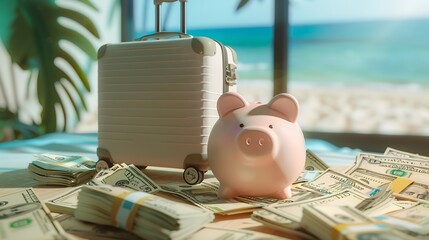 Wall Mural - TravelVacation money saving conceptpiggy bank beach vacationMiniature luggage and bundles of hundred dollar billsVacationsCopy spaceSavings concept for vacation : Generative AI