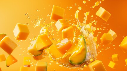 Poster - Creative layout made from Mango fruit with mango cubes and slices and Splashing on a orange background : Generative AI