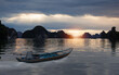 Sunset In The Morning On The harbour In Ha long Bay with fisboat - Vietnam