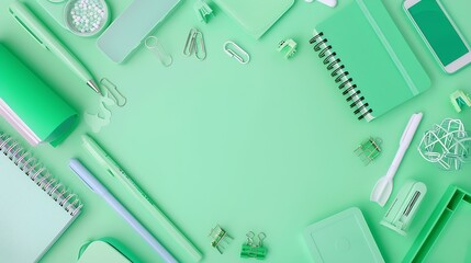 Wall Mural - Back to school background Flat lay top view of school accessories notebook pens on isolated light green table background School stationery on desk Copyspace : Generative AI