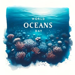 Wall Mural - Watercolor illustration for world oceans day with a coral reef.