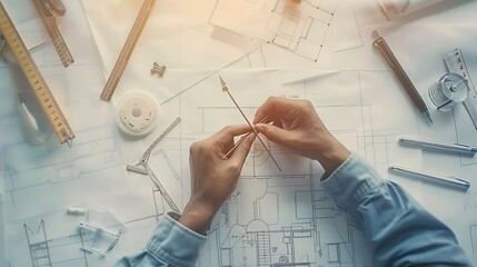 Aufkleber - business architecture building construction and people concept  close up of architect hands with compass measuring living house blueprint : Generative AI